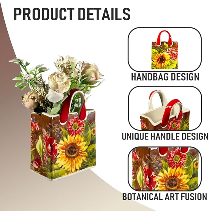 Handbag-Shaped Ceramic Desk Organizer & Small Flower Vase, Sunflower Floral Pattern, Pencil Pen Holder, Makeup Brush Holder for Vanity, Cute Office Desk Decor, 4.7 in Tall