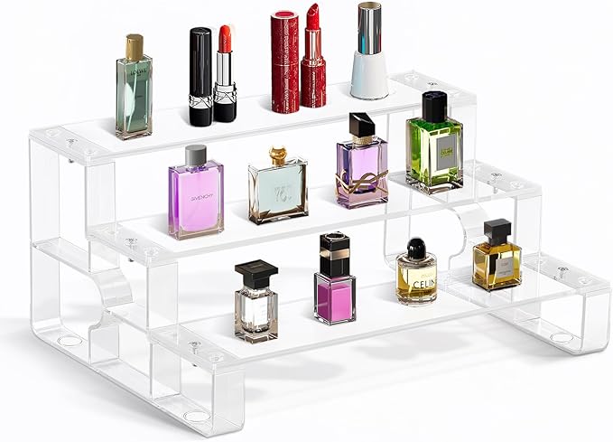 Perfume Stand and Cologne Organizer for men, 3 Tier Clear Acrylic Risers Display Stands,Cupcake Holder for Party, Shelf Risers for Figures, Decoration and Organization (3.5mm Thickened Panel)