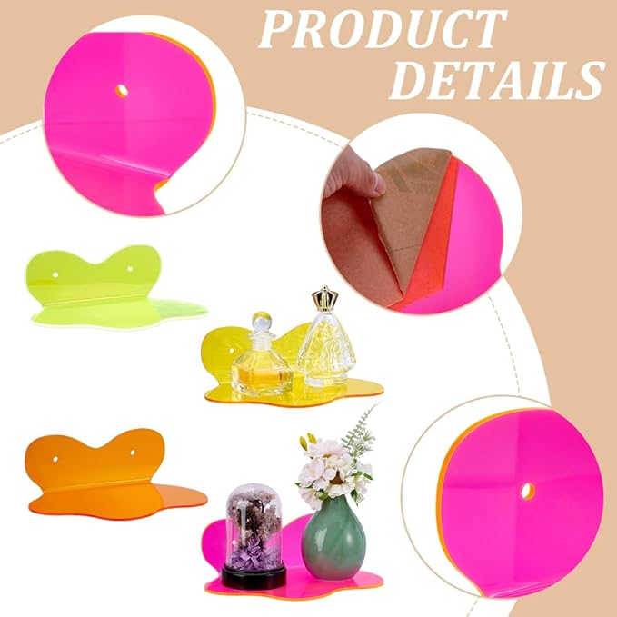 WADORN 4 Packs Acrylic Floating Shelves, Small Colorful Wall Shelf Wall Mounted Display Stand with Screw for Makeup Figure Nail Plants Bedroom Office Mounting Organizer Decors, 7.9-inch Diameter