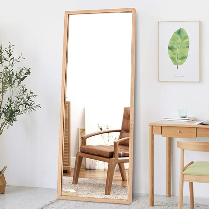 NeuType Floor Full Length Mirror Free Standing Full Body Dressing Mirrors with Stand Hanging Wall Mounted Large Rectangle Wood Frame Leaning Bedroom Living Room Décor 65 x 22 in (Solid Wood Color)
