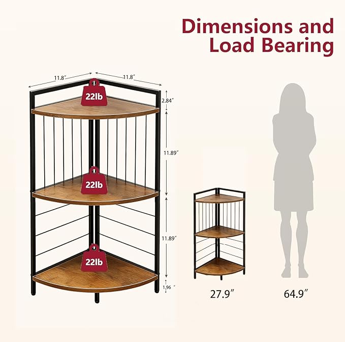 Corner Shelf Stand 3 Tier Small Bookshelf Display Storage Unit with Metal Frame for Bathroom Bedroom Kitchen Living Room Home Office, Rustic Brown and Black