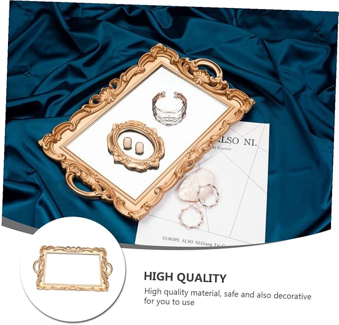 Artibetter Retro European Mirror Tray Decorative Makeup Organizer Perfume Storage Plate Golden Rectangular Household Vanity Display Accent for Home Décor