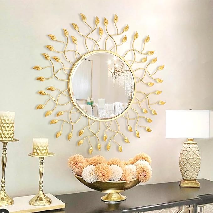 Chende 32" x 32" Large Mirror for Living Room Decor, Round Wall Mirror with Metal Leaves, Beveled Decorative Mirror for Entryway, Dining Room, Bedroom