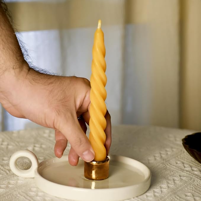 Beeswax Taper Candles Set of 10, Spiral Taper Candle Dripless Short Candle Sticks for Dinner Wedding Party Christmas Home Decorations - 7 Inch Tall - Yellow