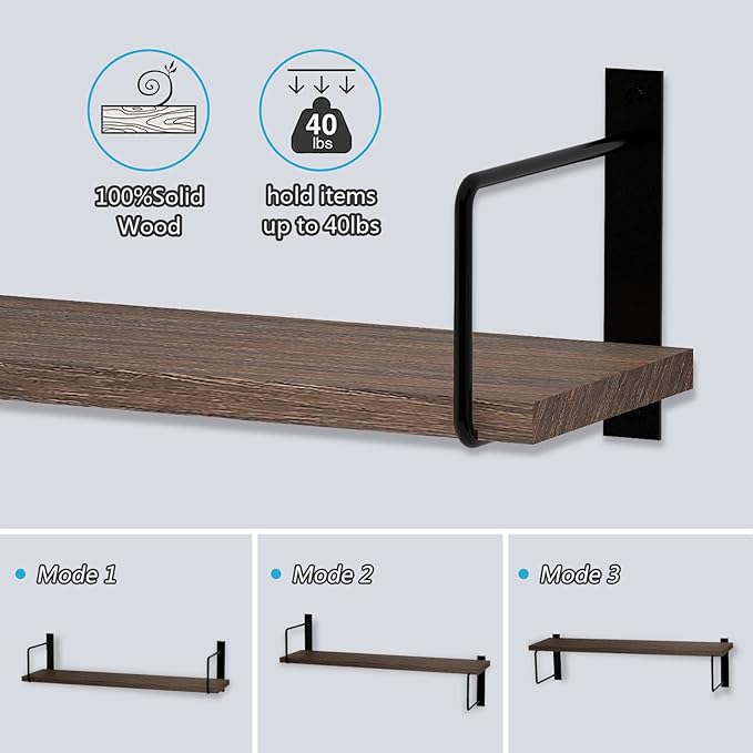 Floating Shelves - 24 Inch Wall Mounted Set of 3 Rustic Wood Shelves for Wall Decor and Living Room Storage (Brown)