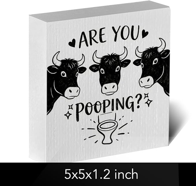 Funny Rustic Bathroom Wooden Box Sign 5x5 Inch - "ARE YOU POOPING" Humorous Restroom Quote Decor, Farmhouse Style Shelf Desk Table Decoration for Home Bathroom