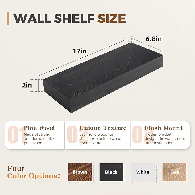 17x6.8x2 Inch Rustic Floating Shelves for Wall Set of 2 - Black Solid Wood Wall Mounted Shelves with Invisible Bracket, Compact Design for Farmhouse Living Room Bedroom Kitchen Decor