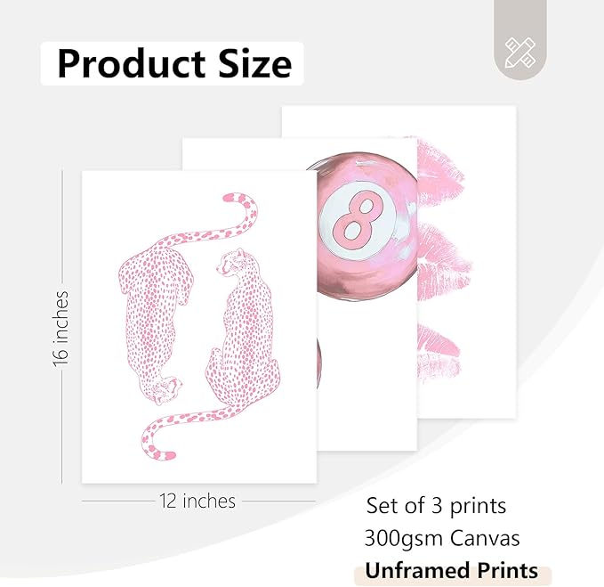 Tocliky Pink Cheetah Wall Art Decor Trendy Leopard Prints Preppy Aesthetic Canvas Room Decor Y2k Leopard Wall Art 8 Ball Poster Coquette Funky Fashion Artwork for Girls Bedroom 12x16x3 Inch Unframed
