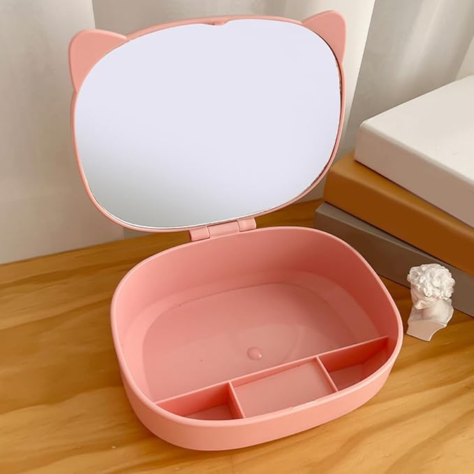 ARTIBETTER Small Jewelry Storage Box with Mirror and Cat Ear Hair Clip, Pink Cosmetic Holder and Hair Tie Organizer, Compact Makeup and Accessories Case for Travel and Home