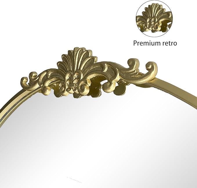 POZINO Gold Arched Mirror, 22"x47" Ornate Carved Mirrors, Vintage Arch Mirror with Metal Frame, Large Elegant Decorative Mirrors for Living Room Mantel Bathroom Bedroom Entryway