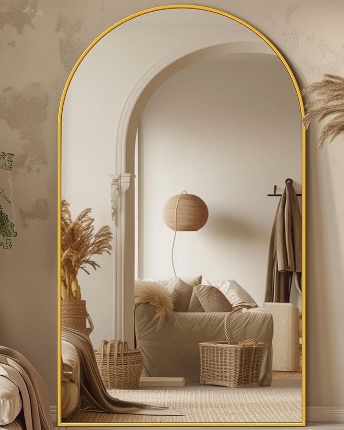 Antok Arched Full Length Mirror, 76"x44" Gold Metal Frame Floor Mirror for Bedroom Living Room, Freestanding/Wall Mount/Leaning