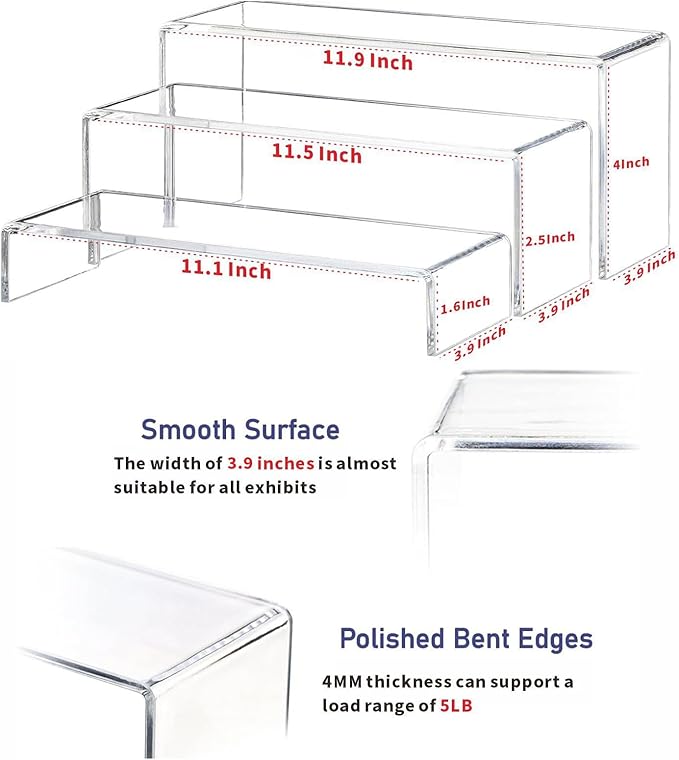 Yieach Large Clear Acrylic Risers Display Stands,3 Pcs Rectangular Display Risers for Funko Pop,Figures,Food,Showcase Collectibles Display Shelf,Retail Desktop Risers Display Stand and Decoration