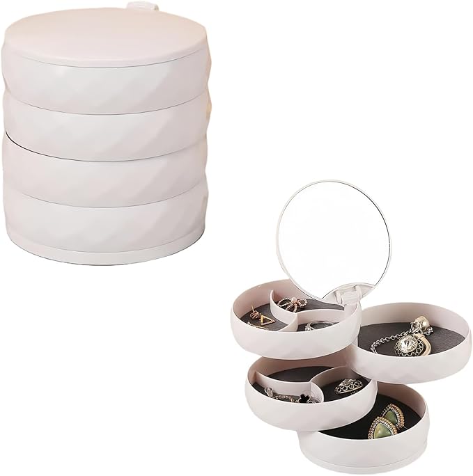 Rotating Jewelry Organizer with 4-Tier Partitioned Storage, Small Jewelry Box with Multi-Angle Adjustable Makeup Mirror for Vanity, Travel & Women Gifts. (White)