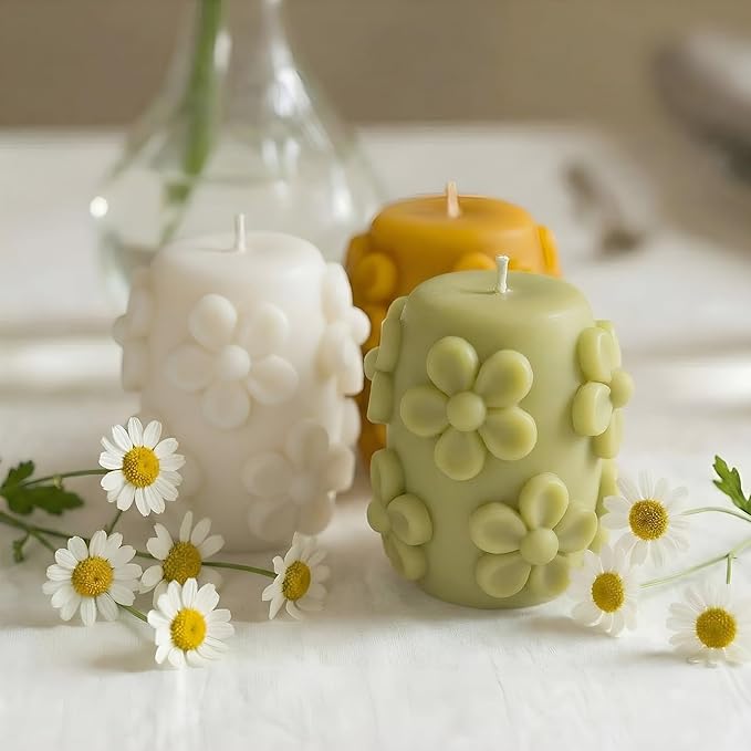Lyrow 3 Pcs Daisy Pillar Candles 3D Embossed Floral Candle Set 3'' H Easter Decorative Candles for Spring Wedding Home Dinner Decor Housewarming Gifts