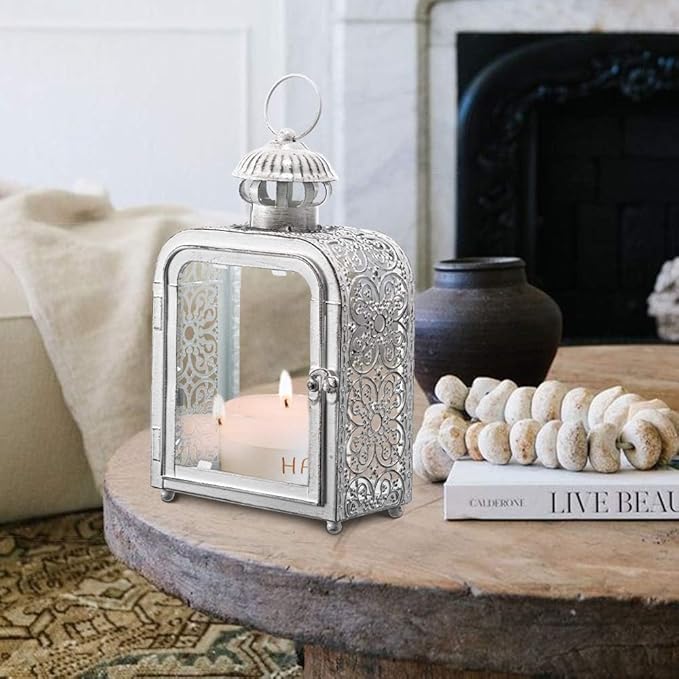 DECORKEY Candle Lantern Decorative Indoor & Outdoor, Vintage Metal Lanterns with Clear Glass, Tabletop&Hanging Candle Holders for Patio Front Porch Home Decor, Halloween Christmas Decorations (White)