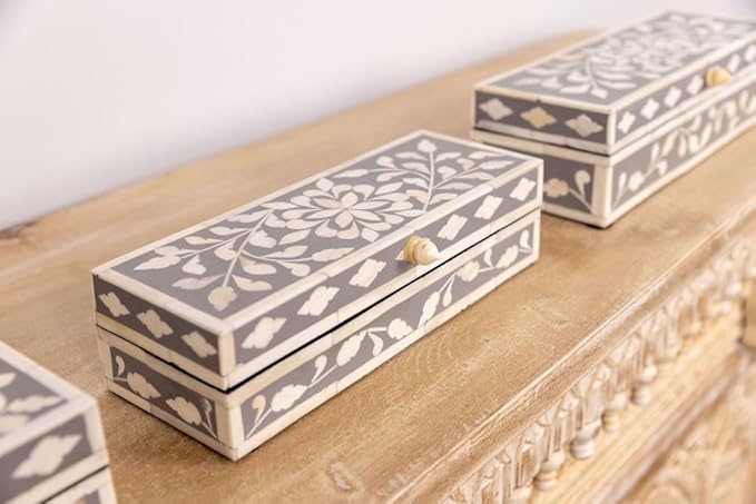 Handcrafted gray & white bone inlay décor jewelry box makeup organizer set of 3 organizer makeup organizer storage wood box
