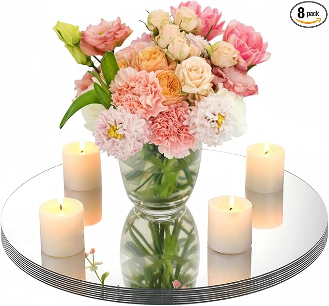 Amyhill 8 Pcs Round Mirrors for Centerpieces Table Decorations Acrylic Circle Mirrors Tray Candle Plates for Wedding Baby Shower Birthday Party Bulk Supplies(14 Inch)