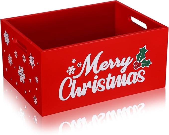 Namalu Christmas Hot Cocoa Bar Storage Box Wooden Crate with Handles Hot Cocoa Decorative Rustic Farmhouse Wood Basket Christmas Wood Storage Bins Organizer Bucket for Xmas Candy Dish Home(Red)