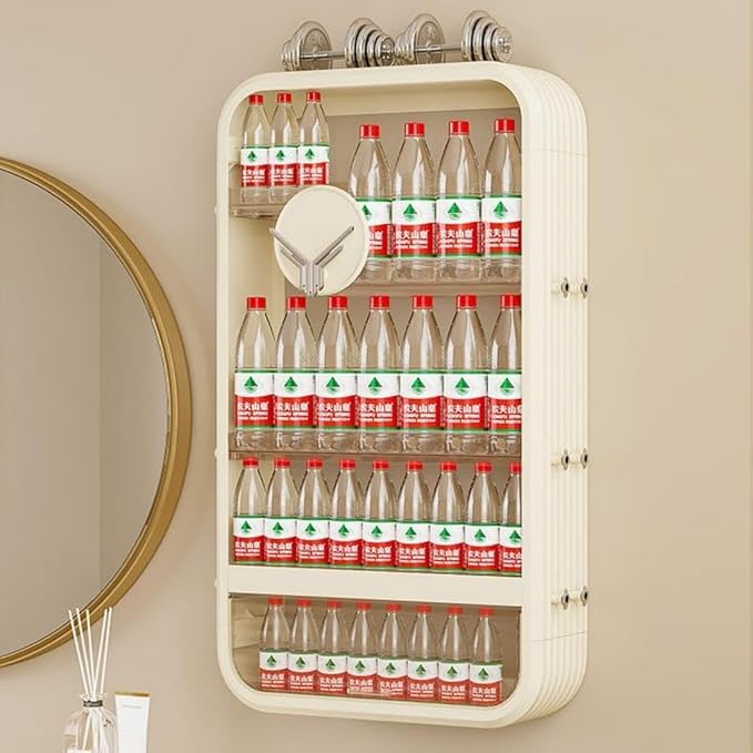 Wall Storage Rack with Open Storage, Floating Cosmetics Rack with Large Capacity Wall Mounted Storage Shelf with Tissue Hole 4 Tiers Makeup Organizer with Hooks Beige for Bathroom