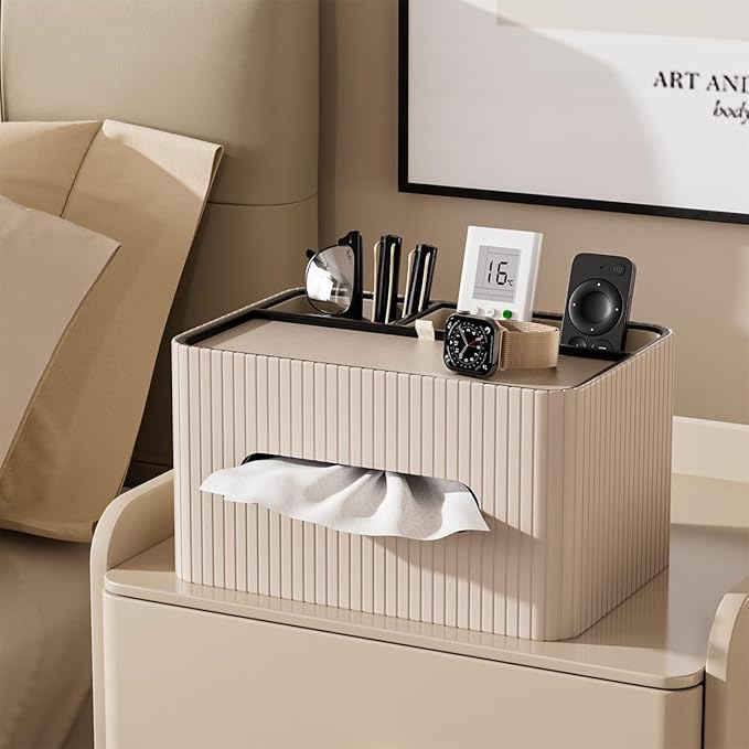 KINGFOM Leather Tissue Box Cover with Storage Tray, Decorative Tissue Box Holder Organizer for Office Desk, Bedroom & Nightstand, Remote Control Holder for Perfume, Watch, Glasses, Pens (Mocha Beige)