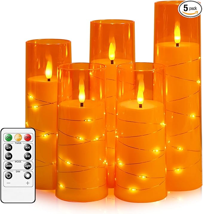 kakoya Flameless LED Candles with Timer 5 Pc Flickering Flameless Candles for Romantic Ambiance and Home Decoration Stable Acrylic Shell,with Embedded Star String，Battery Operated Candles（Orange）