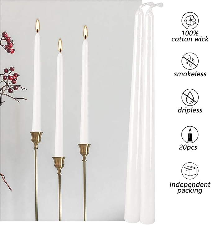 Howemon 20 Pack White Taper Candles 12 Inch Tall 3/4 Inch Thick Burn 10 Hours