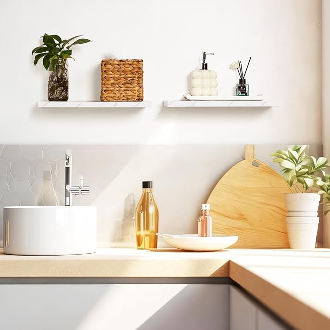 Pinkunn 3 Pcs Faux Marble Floating Shelves Modern Wooden Floating Shelf Wall Mount Organizer Decor for Home Bathroom Kitchen Storage and Display(White)