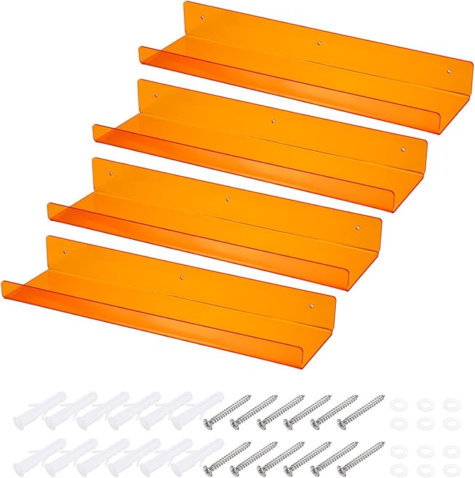 MECCANIXITY 4 Pack Acrylic Shelves for Wall, 15 Inch Orange Floating Shelves Wall Mount Display Shelf Organizer for Bathroom, Bedroom, Living Room, Room Decor