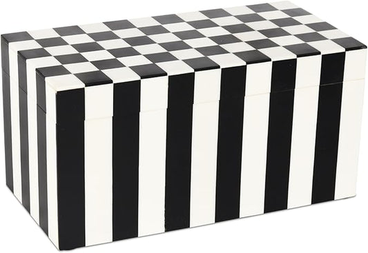 Handicrafts Home Large Decorative Storage Box with Lid, Black and White Keepsake Storage Box, Decorative Jewelry & Memory Box for Coffee Table, Shelf & Bedroom Decor, Puzzle Check - 10 x 5 x 5 Inch