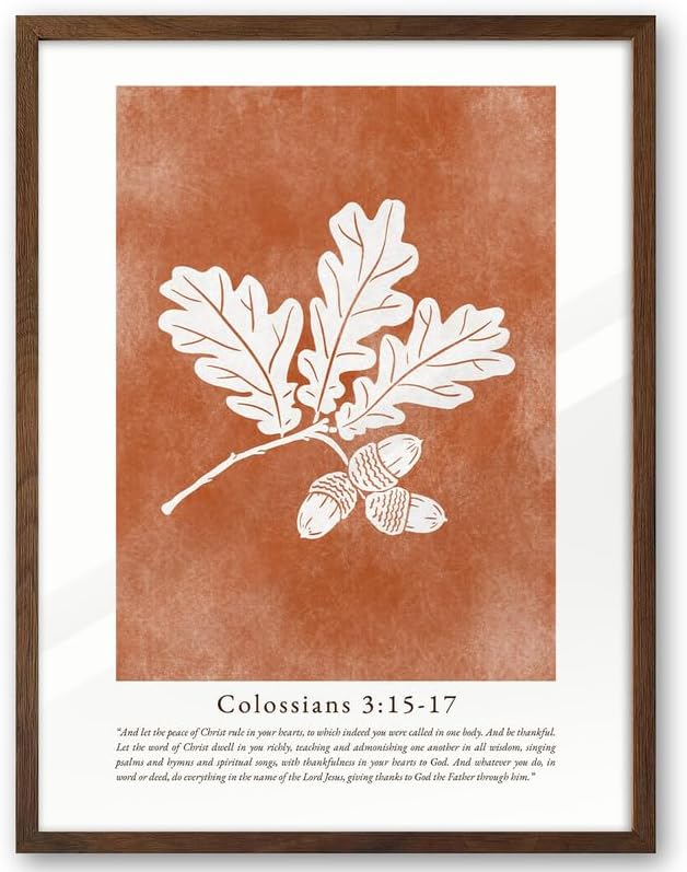 EcoHest Vintage Christian Fall Framed Wall Art, 12x16 in Walnut Color OAK Wood Burnt Orange Bible Verse Canvas Wall Art, Botanical Scripture Colossians Faith Home Decor, 1Pack for Bedroom Living Room