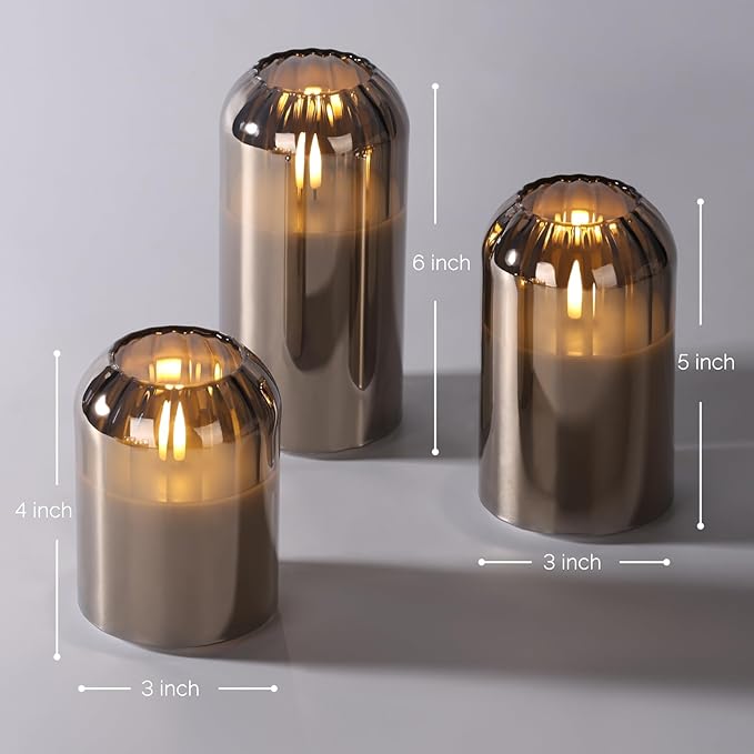 Grey Glass Flameless Pillar Candles with Remote, Flickering Battery LED Candles Table Decor Gift Set of 3
