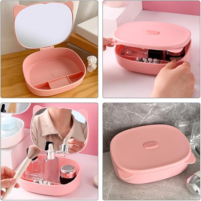 ARTIBETTER Small Jewelry Storage Box with Mirror and Cat Ear Hair Clip, Pink Cosmetic Holder and Hair Tie Organizer, Compact Makeup and Accessories Case for Travel and Home