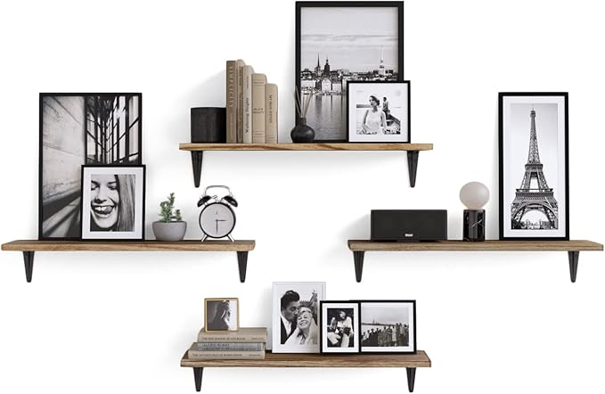 Wallniture Arras 24'' Floating Shelves, Floating Book Shelves, Wall Mounted Rustic Wood Shelf for Living Room, Bathroom Decor, Kitchen, Bedroom, Set of 4 Burnt