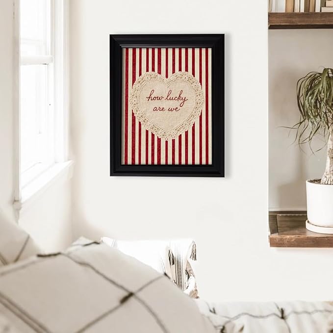 How Lucky Are We Wall Art Red Stripe Affirmation Quotes Poster Coquette Love Lace Heart Canvas Print Fashion Preppy Aesthetic Wall Decor Valentines Day Couple Gift 08x10 inch Vintage Framed