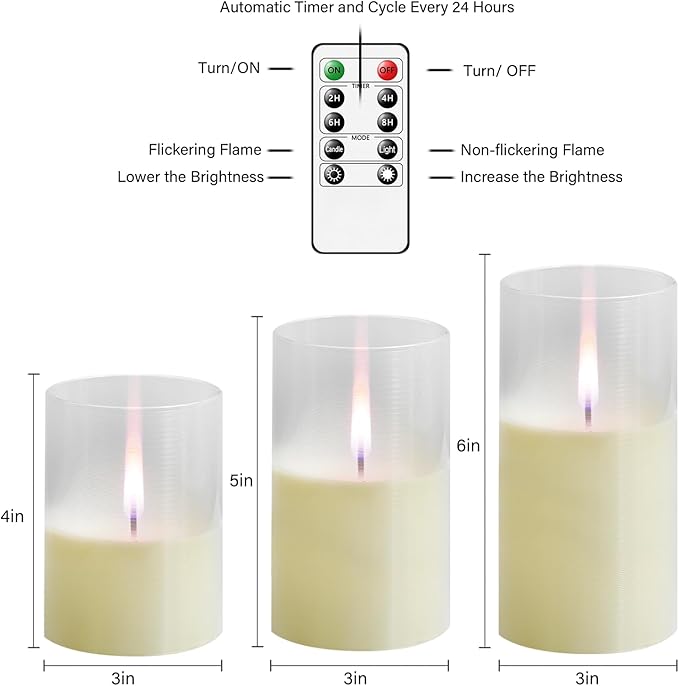 kakoya Flameless Candles Upgraded Realistic Flickering Flame,Battery Operated LED Candles with Remote Timers,Acrylic Electric Candles Set of 3(D 3" xH 4" 5" 6")（Ivory）