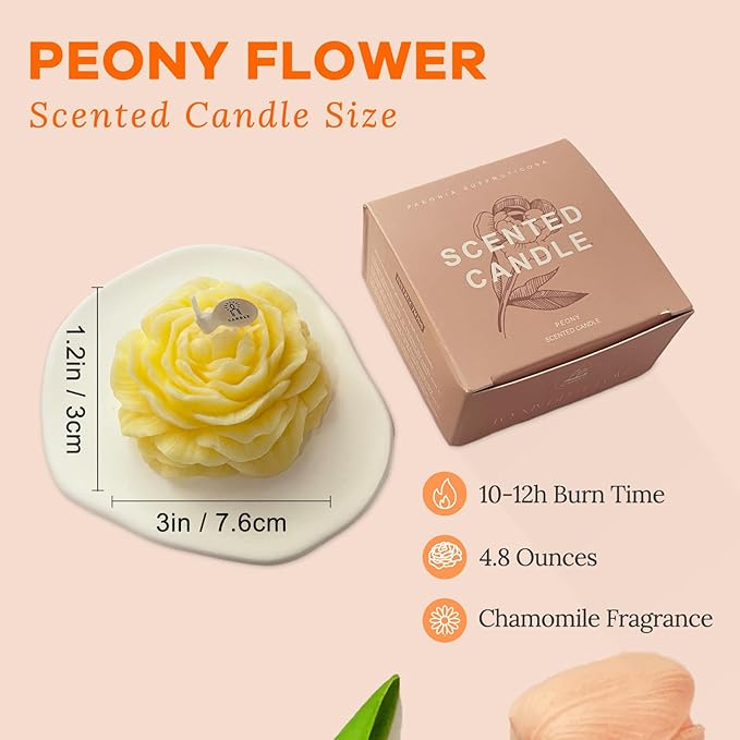 Yellow Peony Flower Shape Candles for Women - Aromatic Pastel Aesthetic Candle with Chamomile Fragrance - Christmas Gift for Friends Colleagues and Classmates (3 inch)