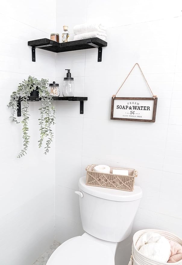 Mkono Corner Wall Shelves Rustic Wooden Floating Corner Shelves Display L Shapped Storage Organizer Displays for Home Living Room Barthroom Bedroom Office, Set of 2, Black