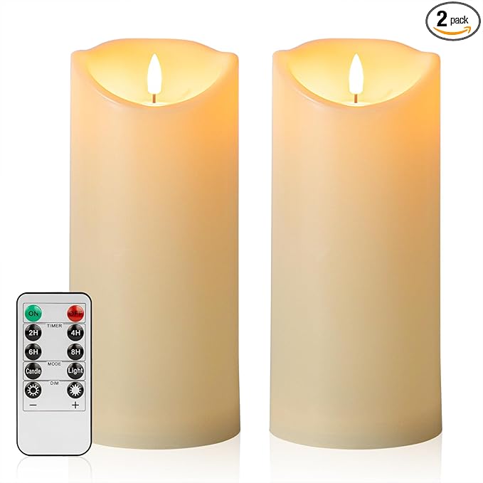 Large Flickering Flameless Candles with Remote, 4"x 9"Battery Operated Candles with Timer, Ivory Fake LED Pillar Candles for Outdoor Lanterns Porch, Set of 2