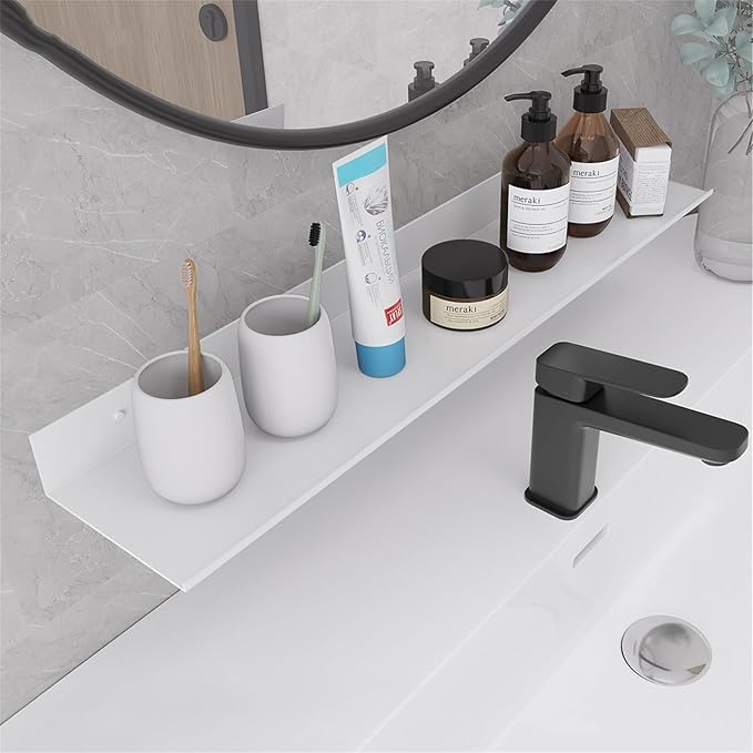 Chrasy Floating Wall Shelf Adhesive Wall Mounted Bathroom Vanity Organizer Alumium Metrial Shelf for Home Decor/Kitchen/Bathroom Storage 40cm/ 15.7Inches, Non-Drilling (White)