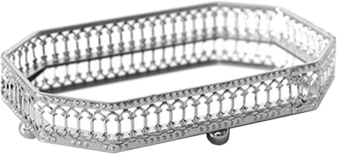 Mirror Tray, Makeup Decorative Storage Mirror Tray, Gold Or Silver Glass Mirror Crystal Vanity Tray, Antique Mirror Serving Tray Round Ornate Jewelry Trinket Organizer Tray for Home Decor(#7)
