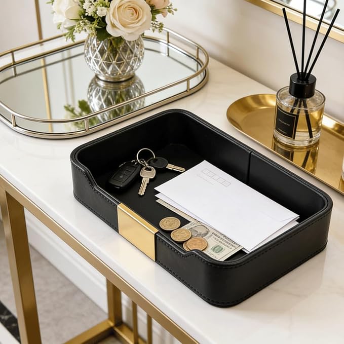 Luxury Leather Valet Tray,Jewelry Tray,Desktop Storage Organizer,Caddy Holder for Cosmetic,Jewelry,Watch,Keys,Phone,Wallet,Remote Controller,Pen, (black)