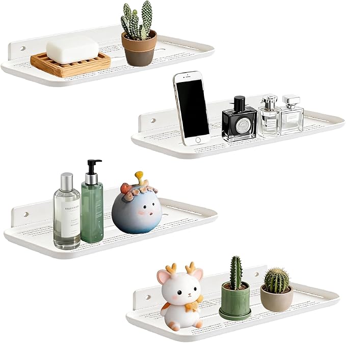 FAYYGYH Adhesive Floating Shelves No Drill Floating Shelf for Wall Storage Damage-Free Wall Mounted Organizer for Bathroom, Kitchen, Bedroom & Office (White, 4 PCS)