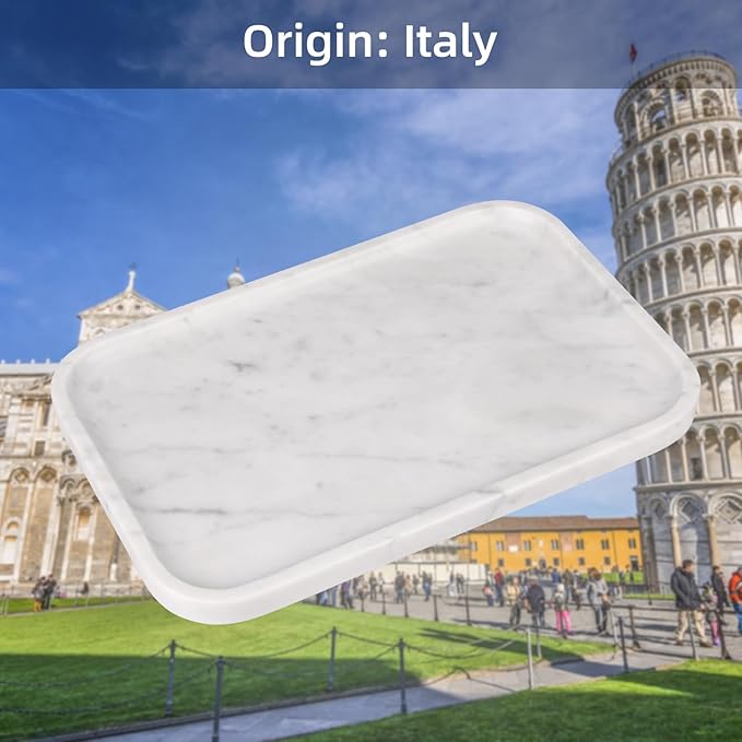 Marble Bathroom Vanity Tray, Natural Marble Home Kitchen Table Tray, Stone Decorative Countertop Serving Organizer for Dresser Coffee Perfume Jewelry Makeup (1, Carrara White L, 12 * 8 * 0.8)