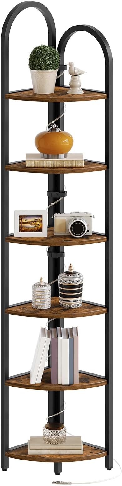 MAHANCRIS 6 Tier Corner Shelf with LED Light, 74.6'' Tall Corner Bookshelf Stand, Narrow Display Bookcase with Storage Rack for Wall Corner, Living Room, Bedroom, Small Spaces, Rustic Brown CSHR66101