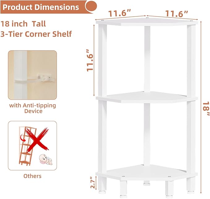 YUFAM 3-Tier Corner Shelf with Sturdy 5-Leg Base, 30in Tall Narrow Bookcase for Small Spaces, Wooden Plant Display Shelf, Thin Bookshelf for Living Room, Bedroom, Office, White