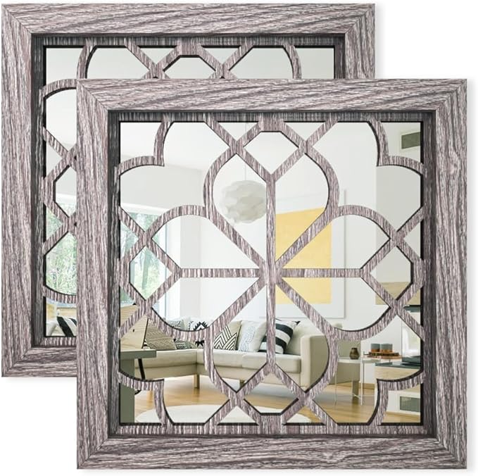 Set of 2 14 Inch Square Brown Window Pane Wall Mirrors, Shatterproof Rustic Farmhouse Boho Vintage Accent Mirrors for Living Room Bedroom Bathroom Entryway