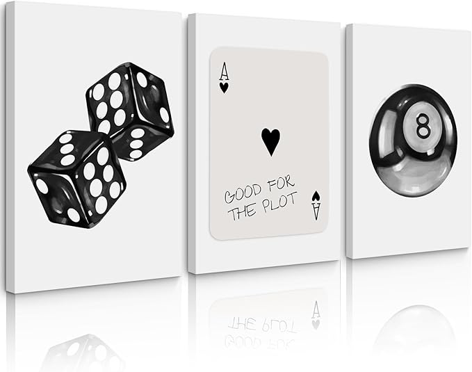 Black White Aesthetic Wall Art Decor 8 Ball Canvas Poster Y2k Cool Dice Pictures Black White Room Decor Trendy Poker Poster Prints Retro Painting Artwork for Apartment Dorm 16x24x3 Inch Ready to Hang
