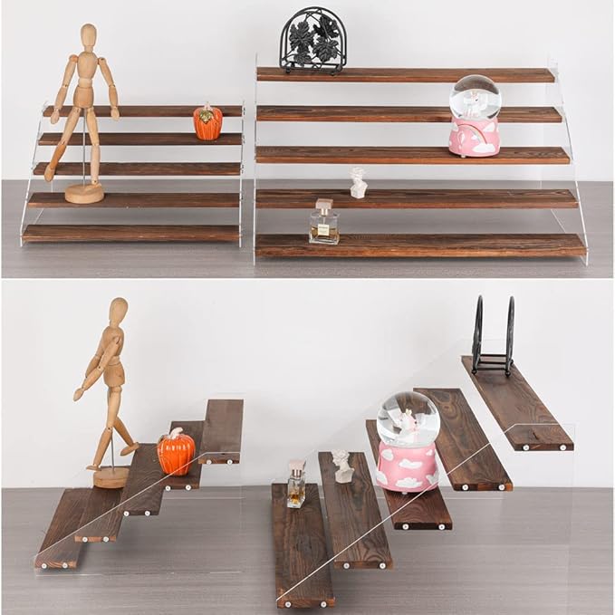 1 PACK Extra Large 5 Steps Display Shelf Stand 24*17*12 inches Clear Acrylic Riser Shelves Wood Acrylic Storage for Figure Collection Cupcake Desserts Holder Cologne Organizer for Men (Brown)