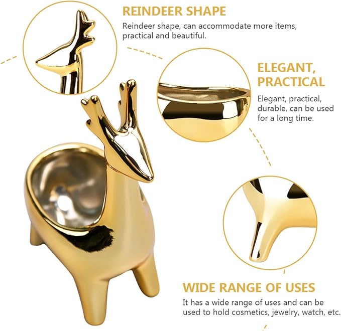 Deer Shaped Ceramic Jewelry Storage Box with Lid, Small Multipurpose Cosmetics and Sundries Organizer for Desktop Home Décor, Gold Decorative Container for Makeup and Accessories