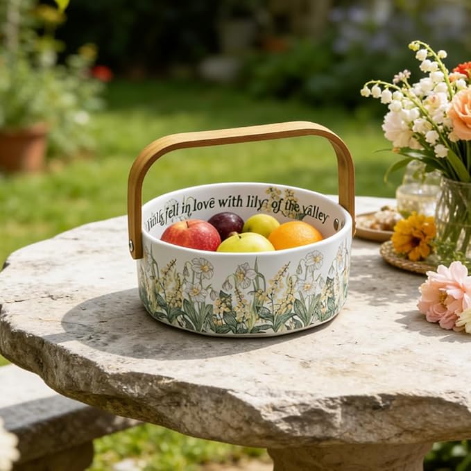 Ceramic Fruit Basket with Detachable Wooden Handle Candy Dish Decorations Ornaments Decorative Bowl Home Kitchen & Dining Table Office Decor(Yellow Bellflower)